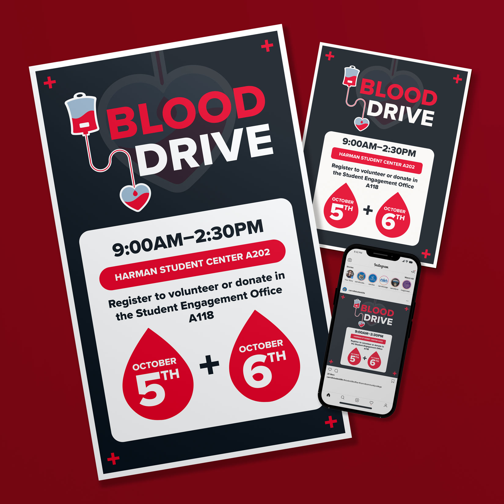 Poster, flyer, and social media post of a blood drive